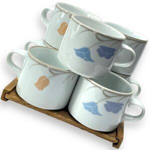 Dansk Set of 7 Trivoli "Belle Fleurs" Blue & Apricot Floral 8oz. Coffee Tea Mugs